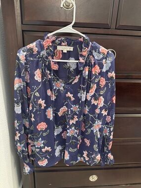 LOFT Navy Floral Tie-Neck Blouse with Pink & Light Blue Flowers